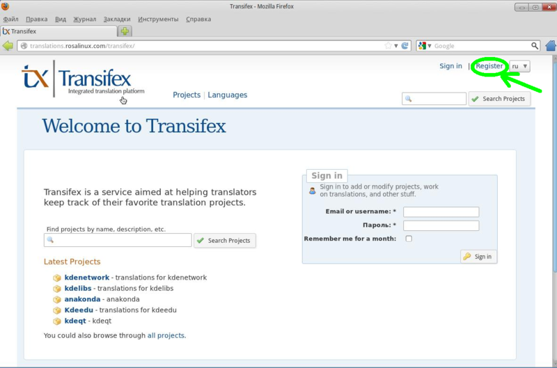 Registration on Transifex